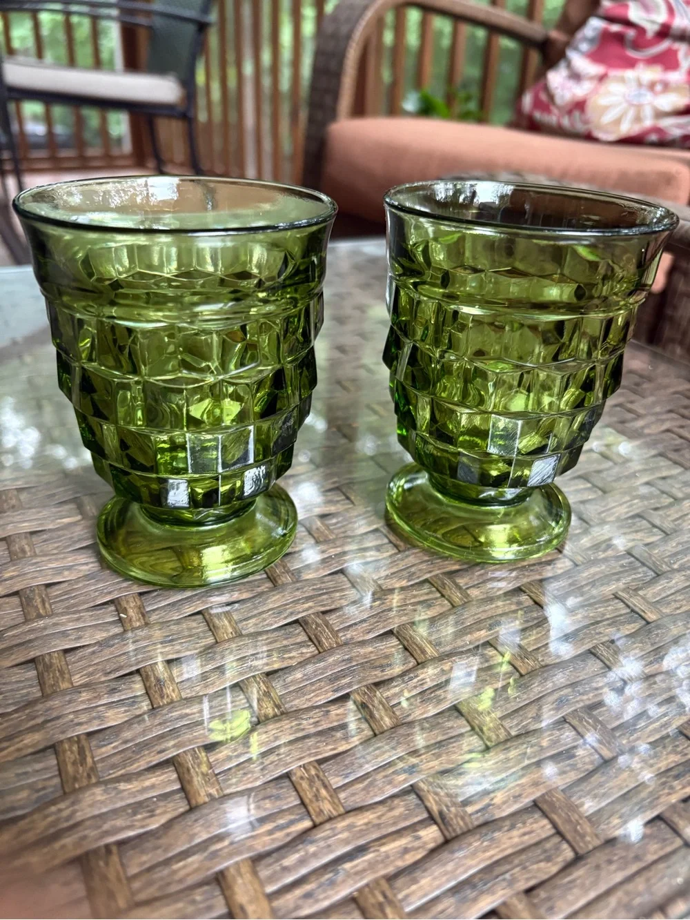 Vtg 60s Indiana Glass Whitehall Colony Cubist Avocado Green Footed 9 Oz Glasses
